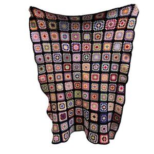 Handmade Multi-Color Granny Square Crochet Blanket Throw 60" X 48" Wool For Home